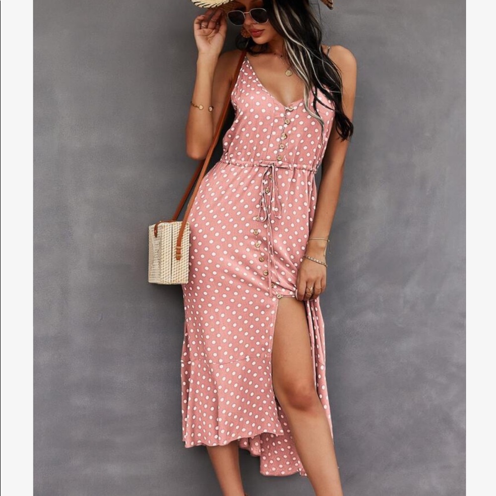 Boho Button Up V Neck Tie Polka Dot Dress GREEN - Picture 11 of 13